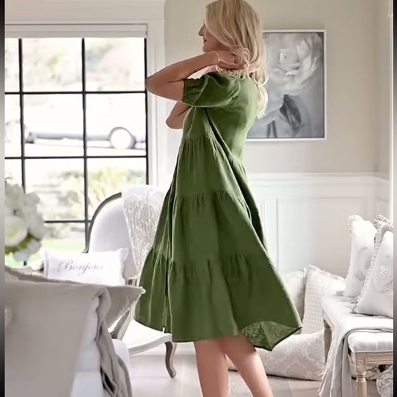 NWT Crown Linen Designs green Button Front Midi Dress 100% Linen cottagecore - Picture 3 of 12